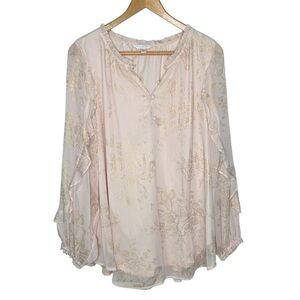 LC Lauren Conrad Women's Blouse Tunic Long Sleeve Pink/Gold Flower Print XL
